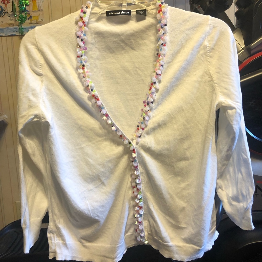 Michael Simon white cardigan with beaded & eye catching jewels that matches all